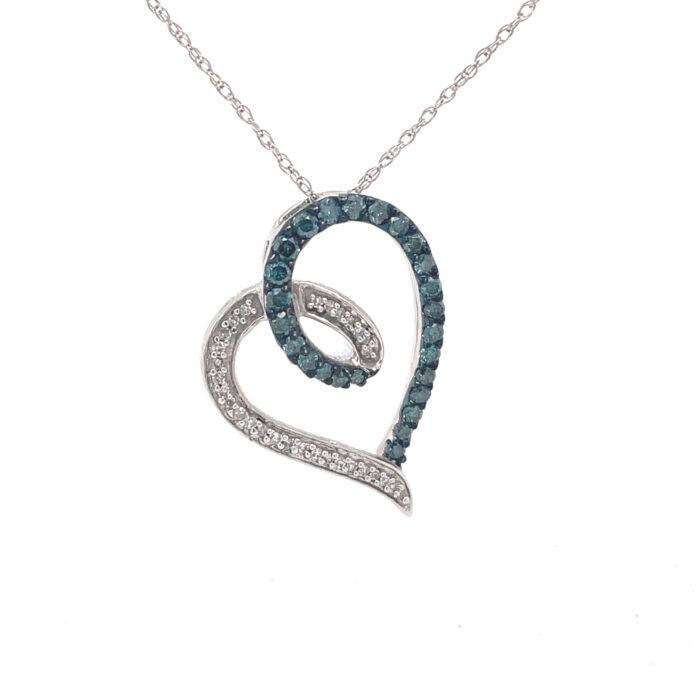 10K White Gold Blue & White Diamond Heart Pendant with Chain