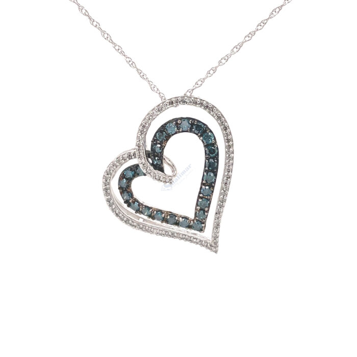 10K White Gold Blue & White Gold Diamond Heart Pendant with Chain