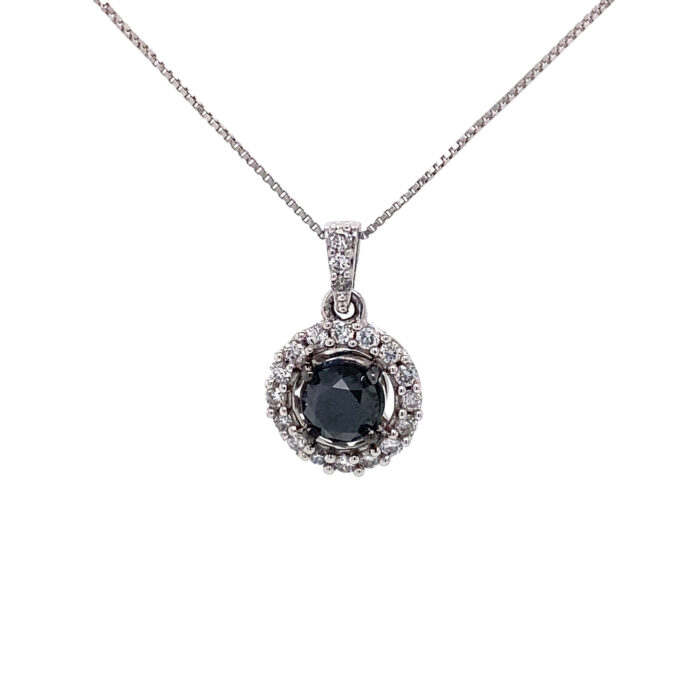 10K White Gold Black & White Diamond Halo Pendant with Chain